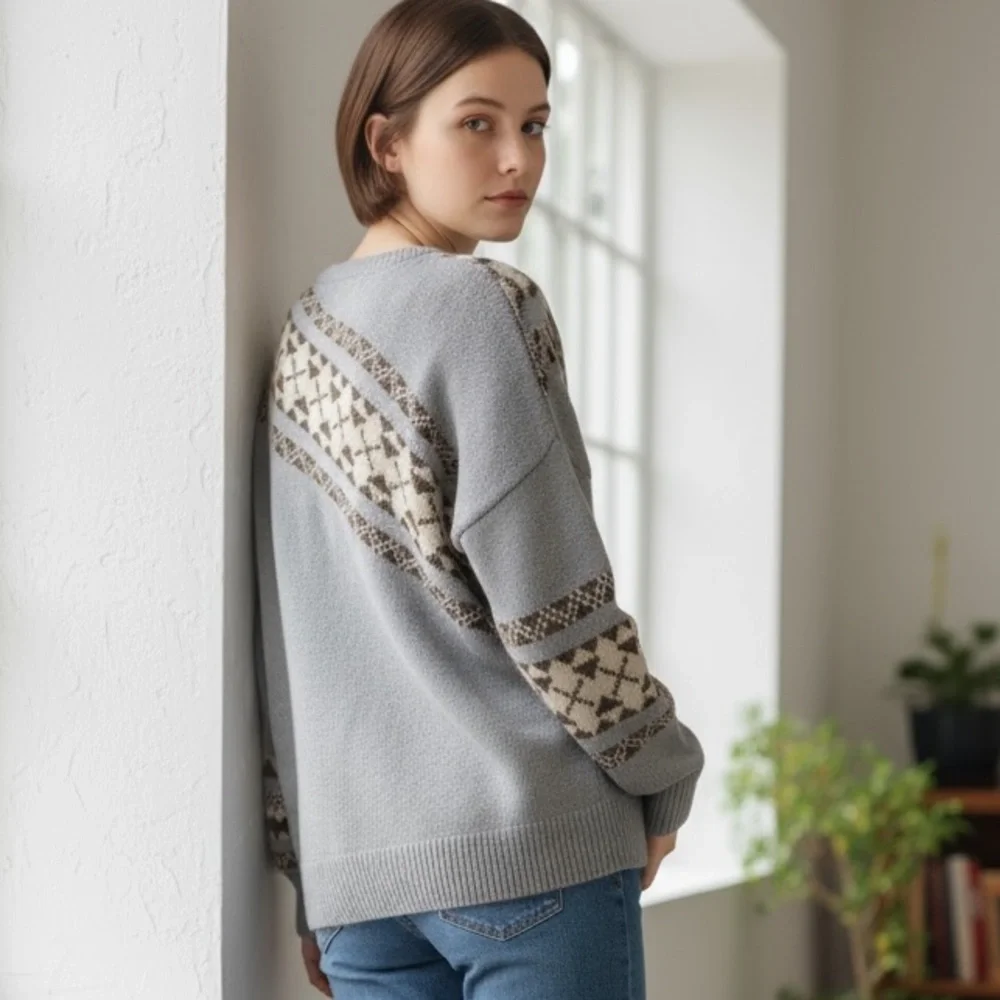 Skull Cashmere Lilian V-Neck Alpaca Wool Fair Isle Print Sweater Sz M - Picture 5 of 16